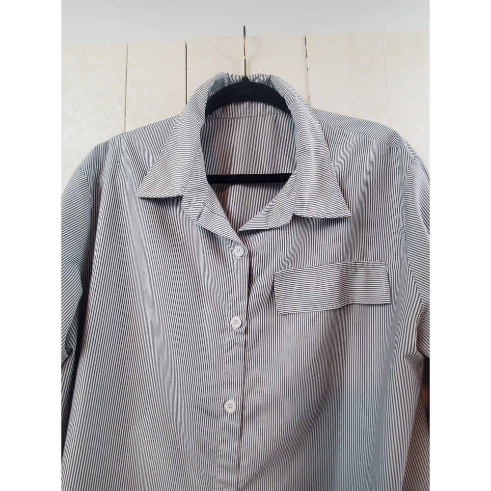 Womens Navy Pinstripe Shirt Dress Tie Waist Button Up Long Sleeve Office Size L - Picture 3 of 9